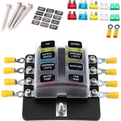 8-facher Sicherungskasten mit LED-Anzeige, 10 Sicherungen und 10 Anschlussklemmen für Auto, Boot, Wohnwagen, LKW (12V/24V).