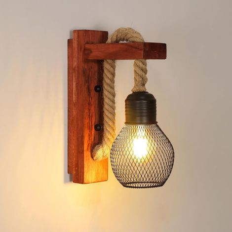 1 Applique Murale Bois Et Noir, Douille E27, Style Industriel Rétro, Fer Forgé Et Jute, Pour Salon Chambre Couloir (1/5)
