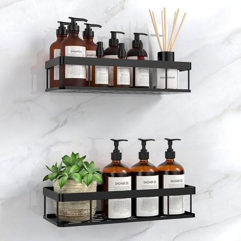 pezzi - Mensola per doccia - Portaoggetti per bagno - Acciaio inossidabile - Non richiede foratura - Porta shampoo con forte adesivo - Per piastrelle e vetro - Nero - 25x10x10 cm (1/5)