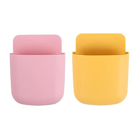 Boîte de rangement murale pour télécommande, support de charge pour organisateur d'articles divers, support suspendu pour téléphone portable, stockage d'accessoires (jaune + rose) (1/4)