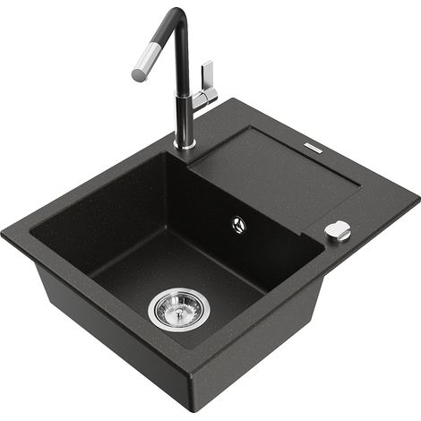 Mexen Enzo 1 Becken-Granitspüle mit Abtropffläche und Mischbatterie Flora, Schwarz/Gold metallisch - (1/5)