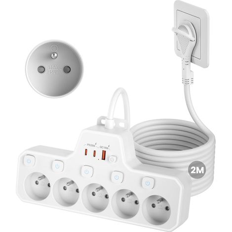 Multiprise Extra-Plate 5 Prises Française,Multiprise Plate Derriere Meuble  Prise Multiple Fiche Plate avec Terre 16A 2P+T,Interrupteur Individuel,PD20W Charge Rapide,Rallonge Electrique 2m Câble,Blan (1/5)