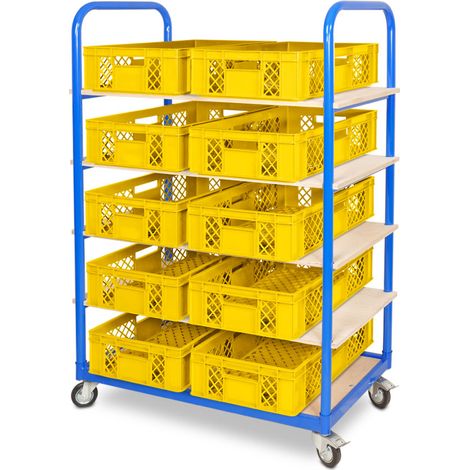 BRB Etagenwagen mit 5 Ebenen, BxTxH 1050x500x1450 mm bestückt mit 10 Euroboxen BxTxH 600x400x150 mm, durchbrochen (gelb) (1/2)