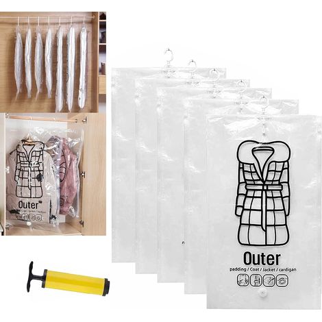 Set of 5 reusable hanging vacuum storage bags for clothes, coats, jackets, compressible hanging storage bags with hand pumps (size L, 5 pieces) (1/5)