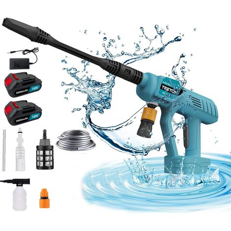 Teetok – Nettoyeur haute pression électrique sans fil 18V – Pression 35 bars – Débit 3 L/min – Tuyau 5 m – 2 batteries 3.0Ah et chargeur inclus