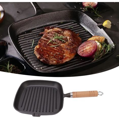 Poêle en fonte avec manche en bois, poêle à steak, rayée, nervurée, à fond plat, carrée, à usage domestique, non revêtue, antiadhésive, saine. (1/5)