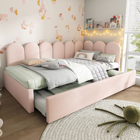 Lit banquette 90x200 cm - avec lit gigogne 90x190 - tissu en velours - Rose
