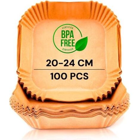 Backpapier für Heißluftfritteusen, 100 Stück, 20-24 cm, BPA-frei, Einweg, für Backofen, 5 bis 8 Liter (quadratisch, 20-24 cm) (1/4)