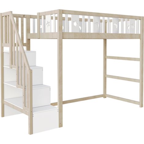 Lit mezzanine enfant 90200 avec échelle de rangement, lit simple en bois massif avec barrières de sécurité, décoration étoiles et lunes. couleur bois (1/5)