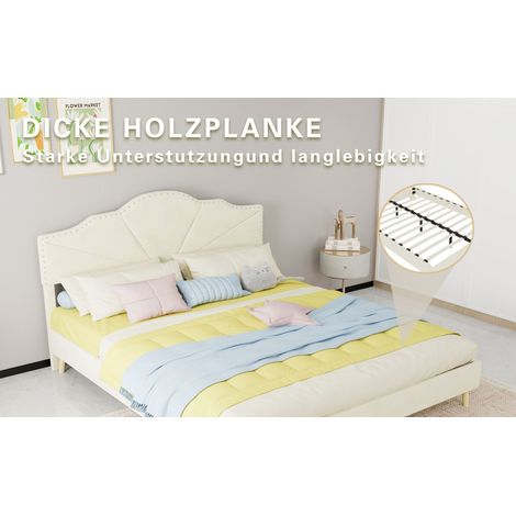 Lit beige 160 x 200 cm avec tête de lit rembourrée, matelas inclus et cadre bas pour chambre, appartement et suite (1/5)