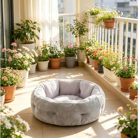 Lit pour chat réversible, rond, 62 x 62 x 21 cm, avec rebord de soutien, gris clair OKMYHOME (1/5)