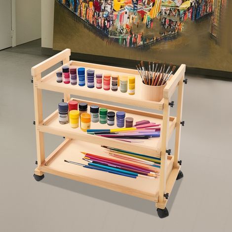 Chariot de peinture 3 niveaux - Bois de hêtre - Couleur bois naturel - 33 lbs - Roues freinées - Porte-pinceaux - Pour atelier