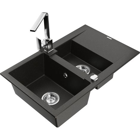 Mexen Gaspar lavello in granito 1,5 vasche con scolapiatti e rubinetto da cucina Rita, nero/oro - 6507-75-670300-00 (1/5)