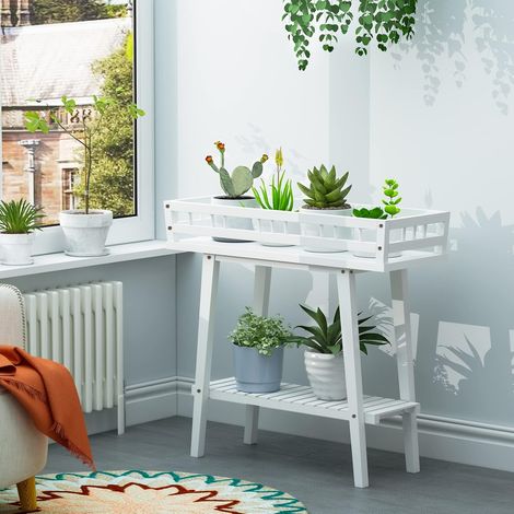 UNHO Estanterias para Plantas Madera Insterior Soporte Taburete para Macetas Blanco (1/5)