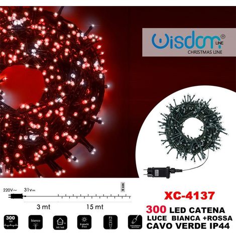 Wisdom - Catena Luminosa 300luci Led Lucciole Luce Bianca + Rossa Cavo Verde Ip44 Xc-4137 -