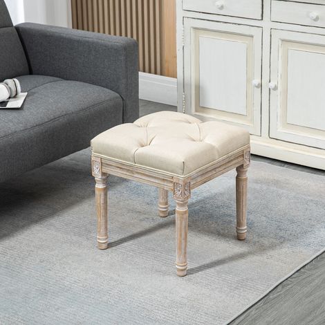 Tabouret de salon style vintage avec assise capitonnée et pieds en bois sculpté, couleur beige, 40 x 40 x 43 cm (1/5)