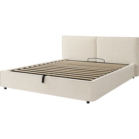 Cama doble con canapé 180 x 200 cm, somier elevable hidráulico, cabecero, chenilla beige (1/5)