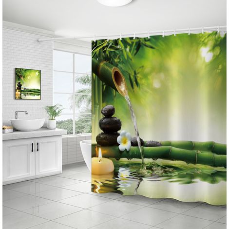 Lntyq Wasserdichter, schimmelresistenter Duschvorhang aus Polyestergewebe, maschinenwaschbar, Duschvorhänge mit 12 Haken für Badezimmer, 180 x 180 cm (grüner Bambus) (1/5)