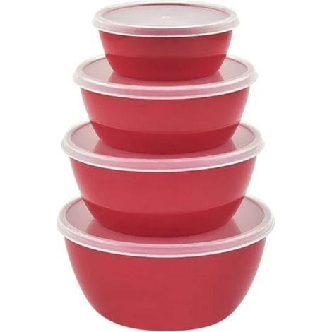 Set aus 4 stapelbaren Kunststoff-Kühlschrankschüsseln mit Deckel, ideal zum Frischhalten von Lebensmitteln und zur Aufbewahrung von Besteck. (1/5)