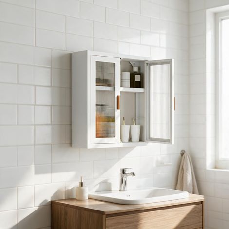 Hoher Badezimmer-Wandschrank mit zwei Türen und höhenverstellbarem Regal innen (1/5)