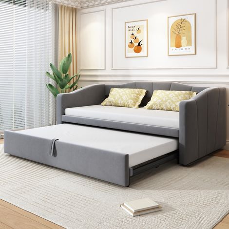 Divano letto trasformabile 90/180x200 cm, letto matrimoniale per bambini, letto estraibile, rete a doghe imbottita, velluto, Grigio (1/5)