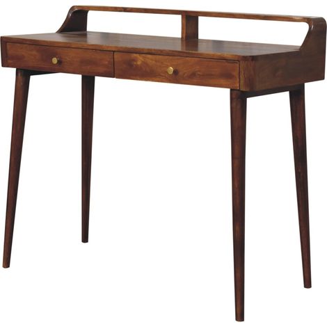 Console surélevée en bois massif châtaignier avec 2 tiroirs – meuble de salon, entrée ou couloir, couleur marron foncé (1/4)