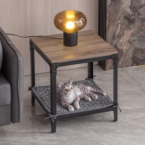 2-in-1 side table with pet bed, industrial metal frame, wooden top and velvet pet fabric, living room, bedroom (1/5)