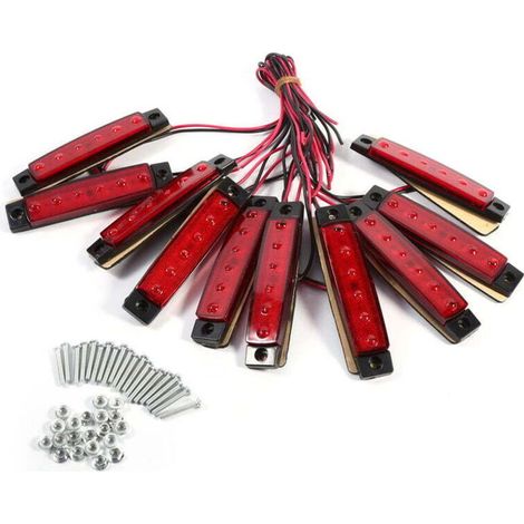 Lot de 10 feux de gabarit latéraux pour remorque, 6 LED, 24 V, indicateurs rectangulaires pour camion, van, caravane, camion (rouge) (1/4)