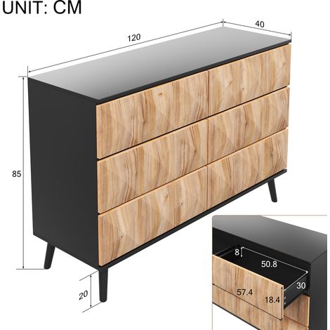 Buffet bas avec tiroirs, meuble de rangement en bois noir et teinte naturelle, portes en relief, design moderne pour salon ou salle à manger. (1/5)