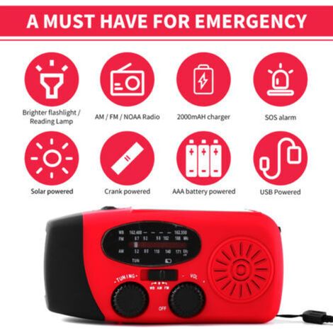 Radio d'urgence à manivelle, avec lampe torche LED, pour AM/FM NOAA, météo portable, dynamo, batterie externe 2000 mAh, chargeur de téléphone, chargement USB et camping solaire (1/5)