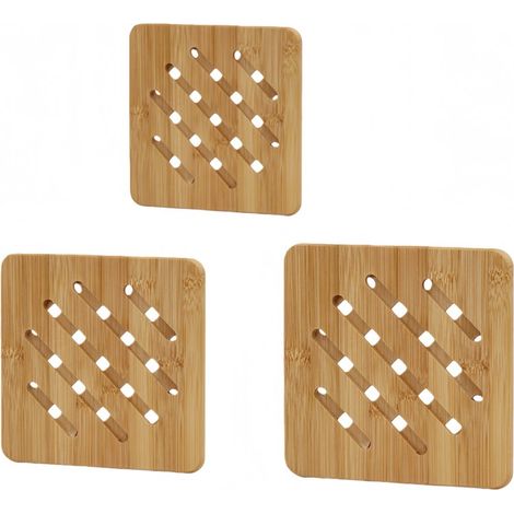 Ensemble de 3 dessous de plat carrés en bambou, supports isolants thermiques portables pour casseroles, poêles et plats, 15, 18 et 19,5 cm, accessoires pour cuisine et salon, couleur bois naturel (1/5)
