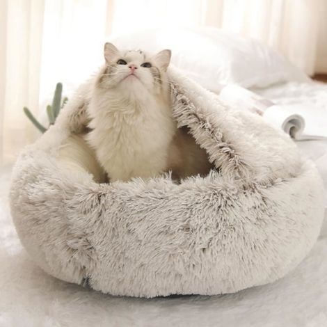 (Grau) Weiches Haustierbett mit Korb, 50 cm - halbgeschlossen - Grau - Für Katzen und Hunde (1/4)
