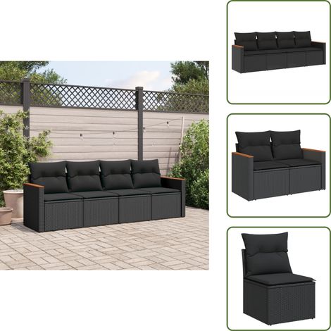 Cuscini da giardino - vidaXL Set Divani da Giardino 4 pz con Cuscini Nero in Polyrattan - Rattan PE