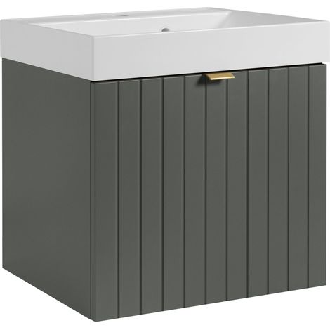 Meuble vasque suspendu HARMO 50 cm avec vasque encastrée en résine Façade rainuré vert (1/5)