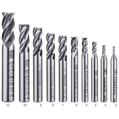 Lot de 10 forets à 4 cannelures - de 2 à 12 mm Fraise en Bout- Ensemble de forets à tige droite HSS CNC pour perceuse - Ensemble d'outils pour bois, aluminium, acier et titane