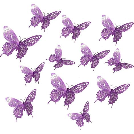 Décoration murale papillon 3D ajouré – 12 pièces amovibles – pour gateau d'anniversaire et décoration de chambre d'enfant - Violet (1/5)