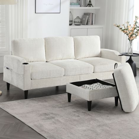 Divano 4 posti con pouf contenitore, ciniglia beige DESVIAE (1/5)