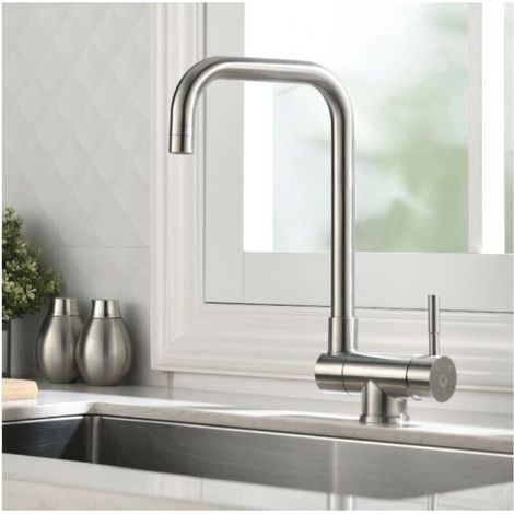Mitigeur de cuisine rabattable Bec pivotant 360° Acier inoxydable brossé Jet doux anti éclaboussure Pour évier devant fenêtre (1/3)