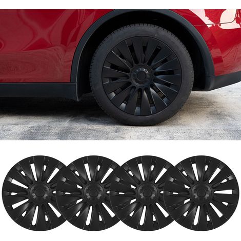 (T04) 4 enjoliveurs de roue noirs mats à 14 rayons, motif bord droit, pour jantes 19 pouces Tesla Model Y 2020-2023 (14 rayons, motif bord droit, sans marquage) (Surdimensionnés) (Surpoids) (1/5)