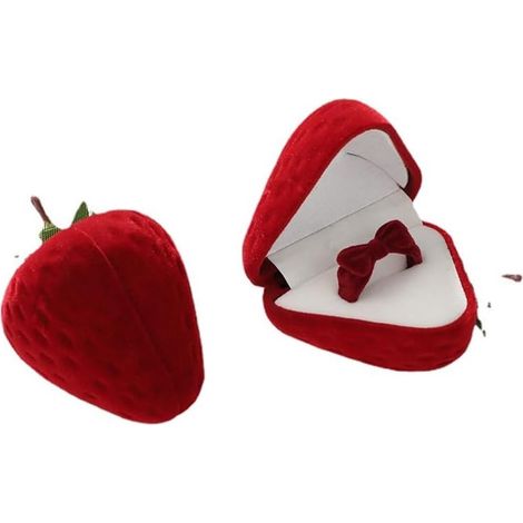 Boîte à bijoux en forme de fraise, en velours rouge, idéale pour ranger bagues, colliers et petits accessoires. Un cadeau adorable (1/4)