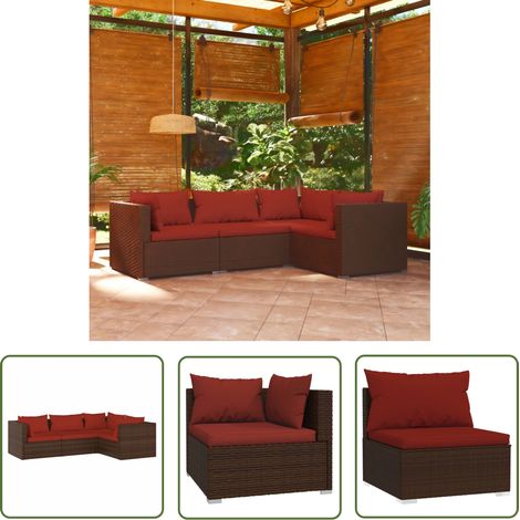 The Living Store Salon de jardin 4 pcs avec coussins Résine tressée Marron - Meubles De Jardin - Salon De Jardin - Ensemble De Canapés - Canapé D'angle - Canapé Extérieur (1/5)