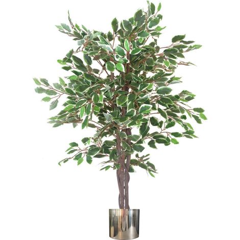 130cm LARGE Realistic White Edge Ficus Artificial Plant Tree Silver Metal Planter (1/3)