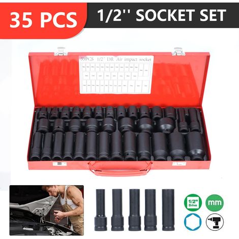 35-teiliges 1/2 Zoll Impakt-Steckschlüssel-Set – tiefe 6-kant Stecknüsse 8-32 mm, metrisch, schlagfest, mit Aufbewahrungskoffer, für Radwechsel & Schwerlast, Rot (1/5)