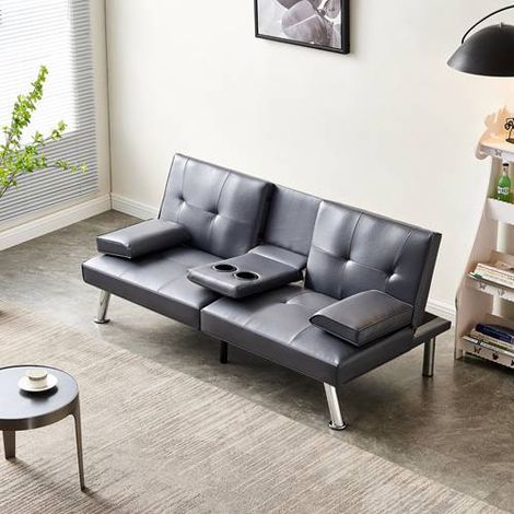 WestWood Faux Leather Manhattan Sofa Bed recliner 3 Seater Modern Luxury Design Furniture Double Cup Holder Grey