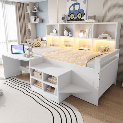 Letto a soppalco per bambini 90x200 cm con scrivania, porta USB, presa di corrente e illuminazione a LED, contenitore integrato, legno - bianco (1/5)