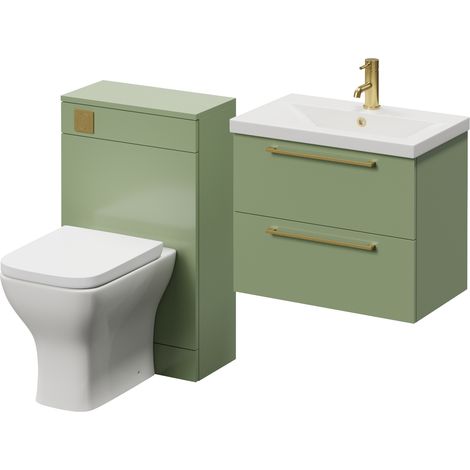 Napoli 390 Olive Green 1100mm Wall Mounted 2 Drawer Vanity Unit and Toilet Suite with Glide Basin - 1100mm - Brushed Brass 320mm HandleWith Kingston Toilet Pan and Seat