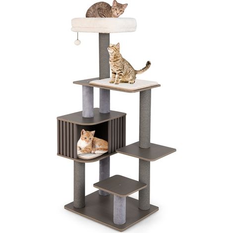 Mobile per arrampicata per gattini in legno con palla pompom appesa, Albero per gatti a 6 livelli da interno per gatti alta 151 cm Grigio (1/5)