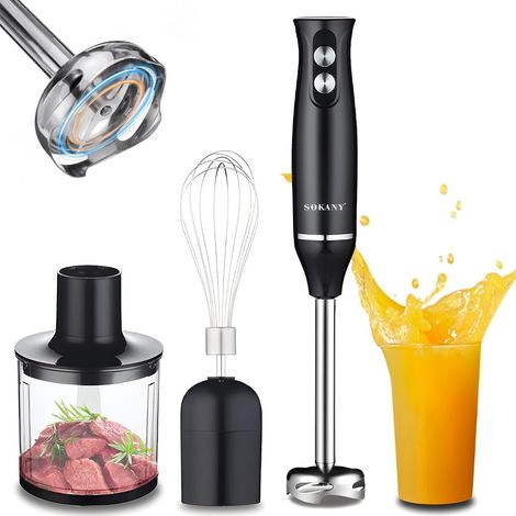 Ensemble mélangeur à Main à Immersion 4 en 1 Puissant 500 W 2 Vitesses Variables Mélangeur à Main en Acier Inoxydable avec Fouet à œufs/Bol Hachoir/Tasse à mesurer idéal pour mélanger
