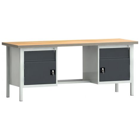 Établi PW 700 l.2000xP700xH840 mm hêtre Multiplex gris clair, RAL 7035 gris anthr., RAL 7016 2 tiroirs 2 portes