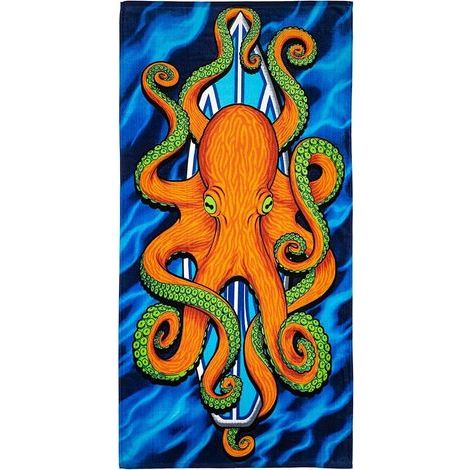 Serviette de plage garçon pieuvre planche de surf, imprimé serviette de bain pieuvre (1/5)